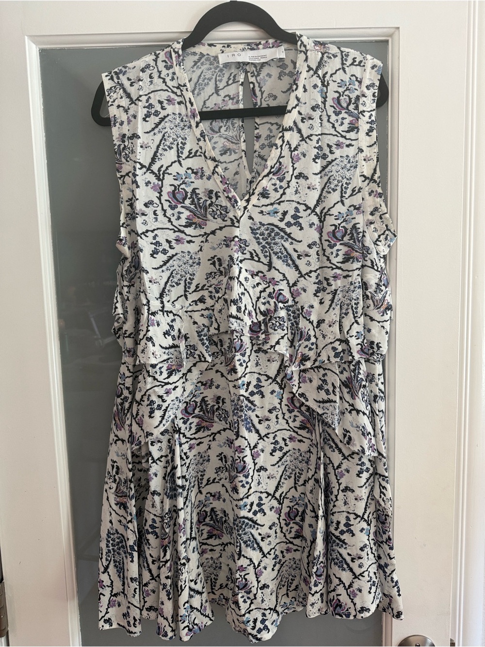 IRO White Floral-Print Sleeveless Mini Dress with Navy and Lavender Details